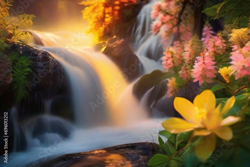 Serenity in nature  Blooming flowers  waterfalls  golden-hour tranquility.