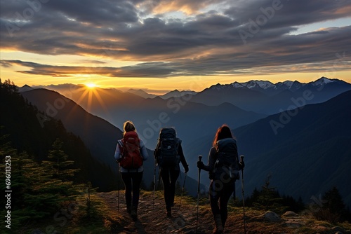 Adventurous Friends Conquering Majestic Mountains, Reaching New Heights at Enchanting Sunset