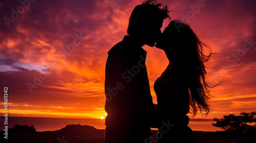 Silhouette d'un couple qui s'embrasse sur une plage avec un beau coucher de soleil. Couleurs rose et orange. Amour, nature, beauté. Pour conception et création graphique. photo