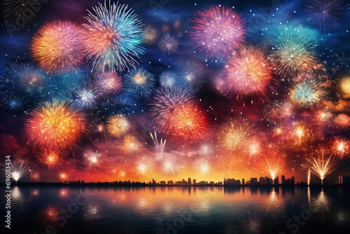 Captivating Night Sky Fireworks. Vibrant Colors Illuminate the Darkness with Fiery Flashes