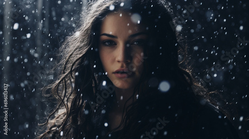 Jeune femme, dehors dans le froid avec des flocons de neige qui tombent devant son visage. Femme, hiver, beauté. Pour conception et création graphique. photo