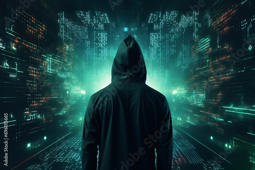 Hacker in front of a cityscape made of data, depicting the concept of cyberattacks and cybersecurity