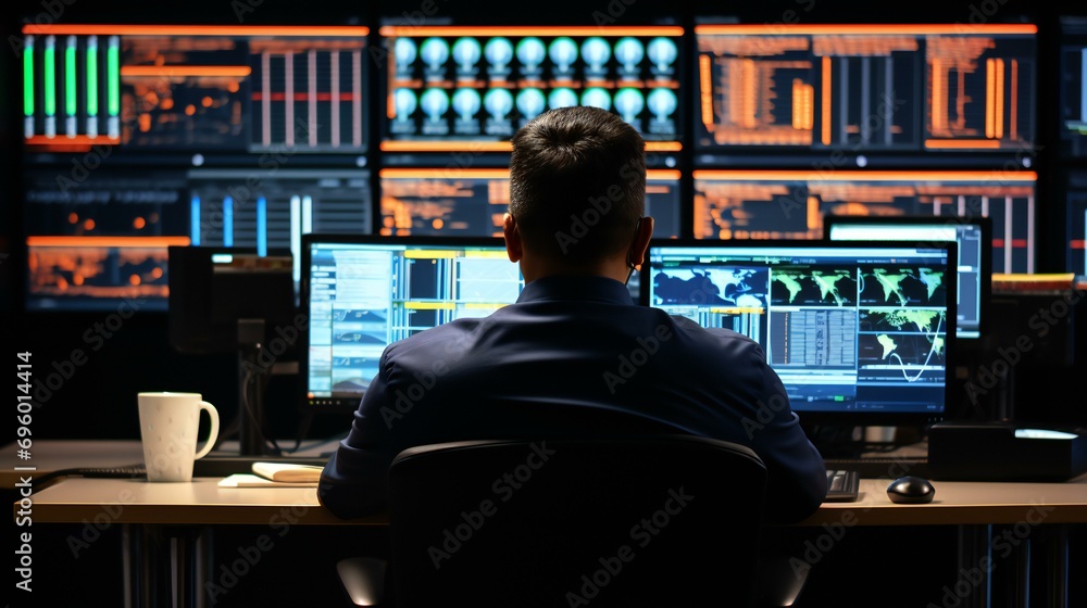 Monitoring data center office. A professional in a data center, overseeing operations and ensuring the security and functionality of computer systems Monitoring data center office. A professional in a data center, overseeing operations and ensuring the security and functionality of computer systems