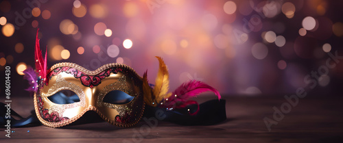 Mardi Gras or venetian mask with copy space banner isolated Bokeh Lights background