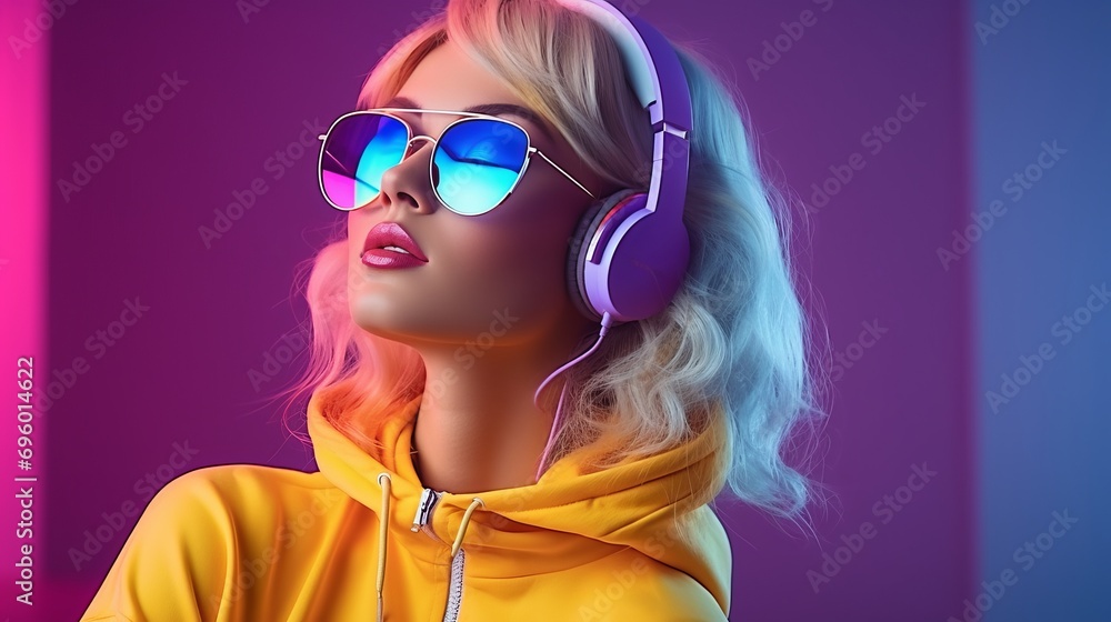 Stylish woman in sunglasses and headphones with neon lights. Perfect for modern fashion and music themes.