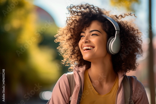 Cool woman listening to music whit headphones in the street