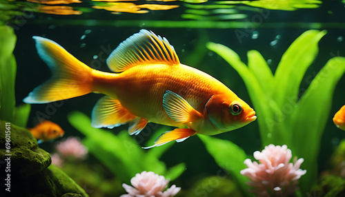 A school of colorful fish swims gracefully in a lush green aquarium surrounded by nature.
