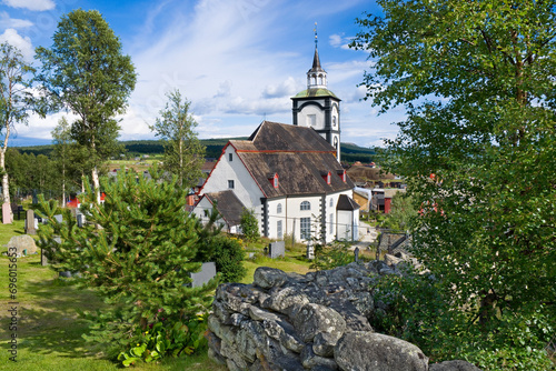 Whitewashed stone church in...