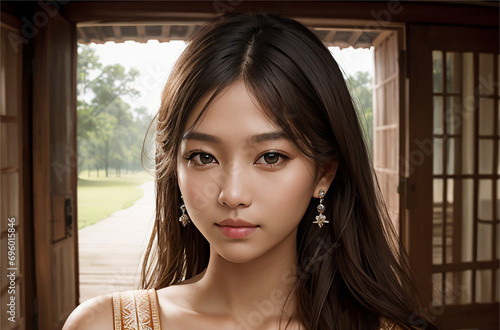 portrait of a young woman wearing drop earrings and standing in between an indoor and outdoor space