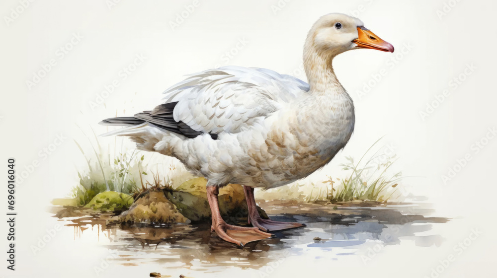 Watercolor illustration of a white goose on a light background. Farm animal life