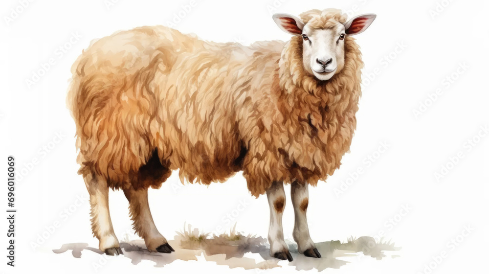 Fototapeta premium Watercolor illustration of a sheep on a light background. Farm animal life
