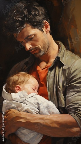 Close-up portrait of dad and baby. Father s love. Happy new dad. Parental tenderness. Generative AI