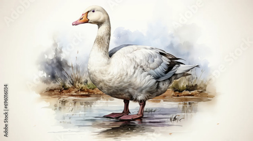 Watercolor illustration of a white goose on a light background. Farm animal life