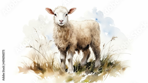 Watercolor illustration of a sheep on a light background. Farm animal life photo