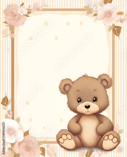 Marco para fotos de bebé niña, rosa con osito, estilo papel tapiz, beige rosa photo