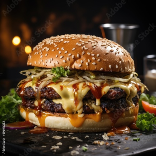 Tasty and Delicious Food Realistic Image of Fresh Cheeseburger Generative AI