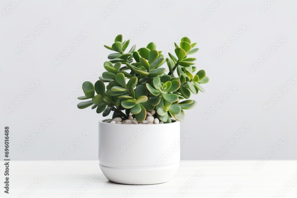 Obraz na płótnie Beautiful Crassula ovata, Jade Plant,Money Plant, succulent plant in a modern flower pot on a white table on a light background w salonie