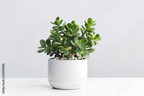 Beautiful Crassula ovata, Jade Plant,Money Plant, succulent plant in a modern flower pot on a white table on a light background photo