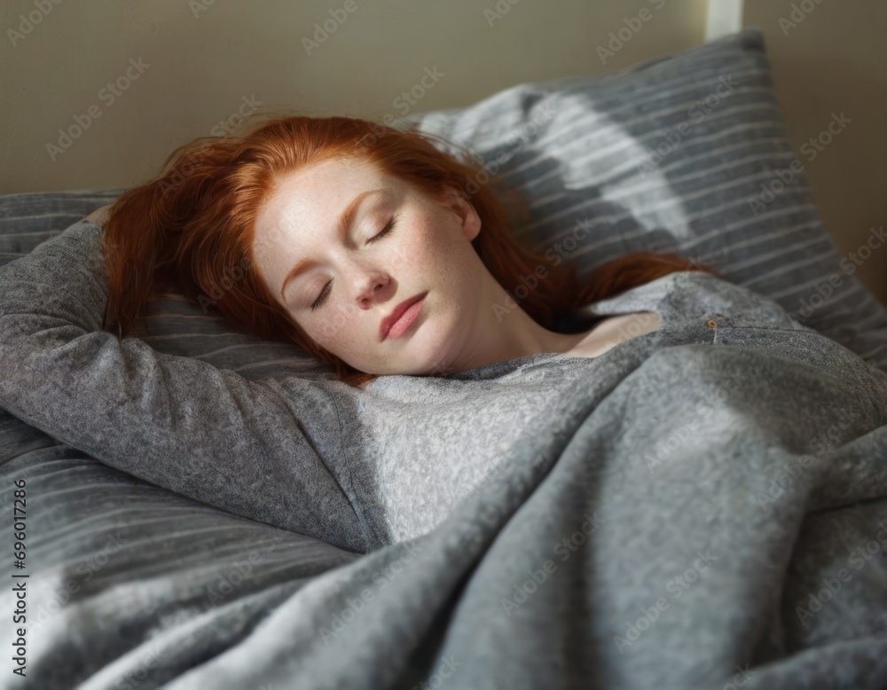 Young ginger woman sleeping in her gray bed at home, sunlight on her face, view from above Young ginger woman sleeping in her gray bed at home, sunlight on her face, view from above