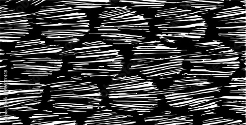 Monochrome texture composed of irregular graphic elements. Distressed uneven grunge background. Abstract vector illustration. Overlay for interesting effect and depth. Isolated on white background.