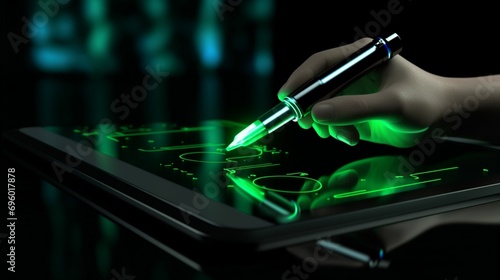 A digital pen hovering over a touchscreen, ready to affix a signature on a green tick-marked online business agreement photo