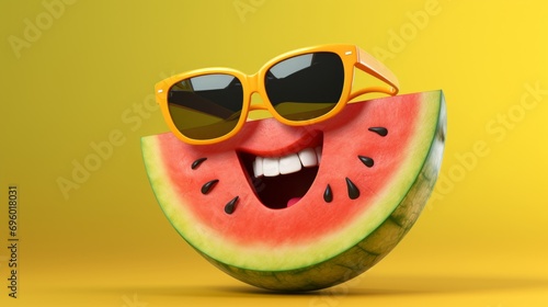 Cheerful and happy watermelon with glasses. Smiling anthropomorphic fruit in sunglasses on yellow background