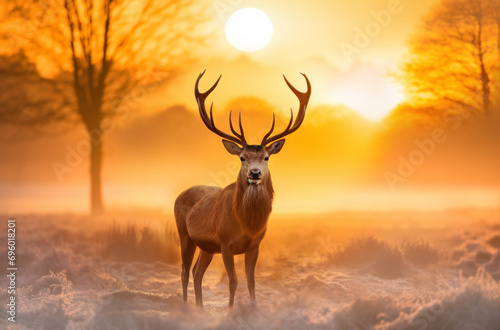 Portrait of a Red deer stag at sunrise in winter. © giedriius