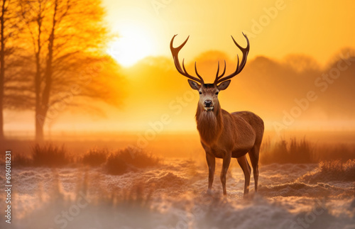 Portrait of a Red deer stag at sunrise in winter