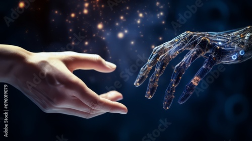 Futuristic Concept of Data Transfer Between Ai Cyborg Hand and Human