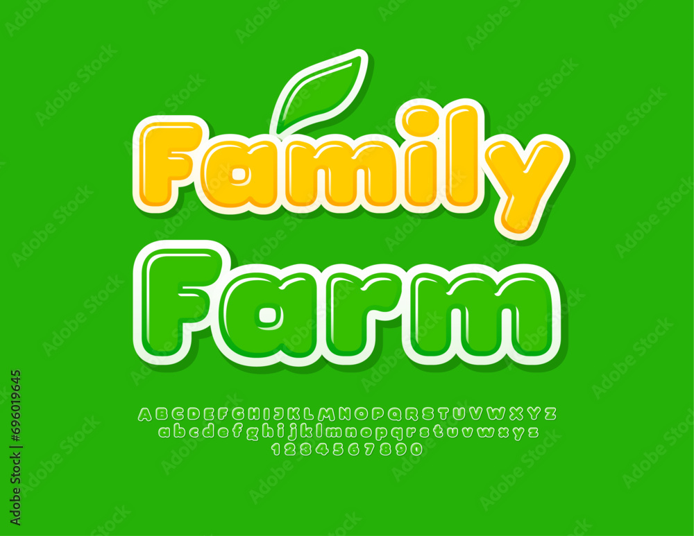 Vector eco template Family Farm with decorative Leaf. Green Alphabet Letters and Numbers set. Bright modern Font Vector eco template Family Farm with decorative Leaf. Green Alphabet Letters and Numbers set. Bright modern Font