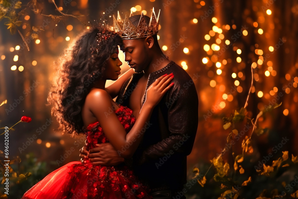 A couple in fairytale red outfits and crowns stands hugging in a fairytale forest, king and queen of a school ball, valentine's day or wedding - obrazy, fototapety, plakaty 