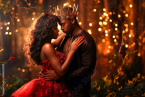 A couple in fairytale red outfits and crowns stands hugging in a fairytale forest, king and queen of a school ball, valentine's day or wedding