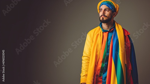 Muslim man modern stylish outfit colorful. Fashion and shopping banner. photoshoot of a muslim man 
