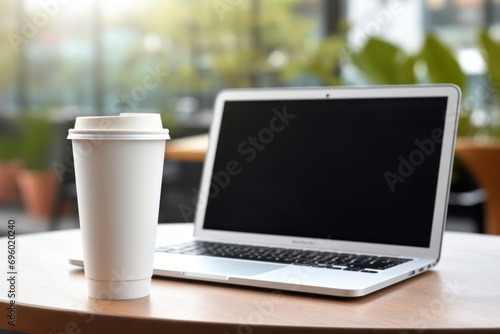 Paper disposable coffee cup mockup for take away at workspace table, blank white paper cup