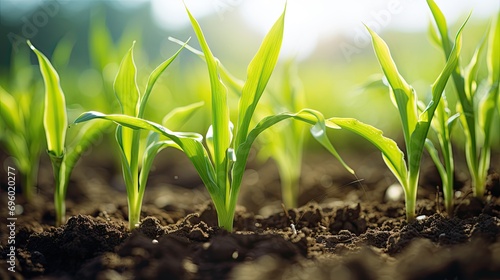 Young corn plants in field. Generative AI
