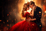 A young couple in fairytale red outfits and crowns stands hugging in a fairytale forest, king and queen of a school ball, valentine's day or wedding, copy space for text