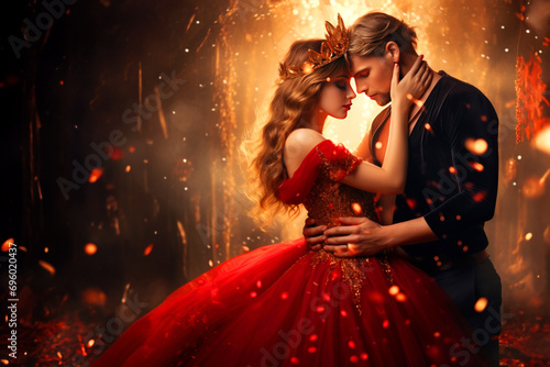 A young couple in fairytale red outfits and crowns stands hugging in a fairytale forest, king and queen of a school ball, valentine's day or wedding, copy space for text photo