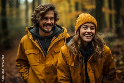 Autumn Stroll  Couple in Cozy Yellow Outerwear. Cheerful couple in vibrant yellow jackets enjoying a fall forest.