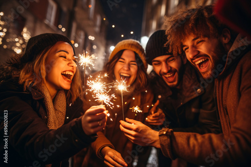 A group of friends holding sparklers at night, celebrating New Year's Eve 