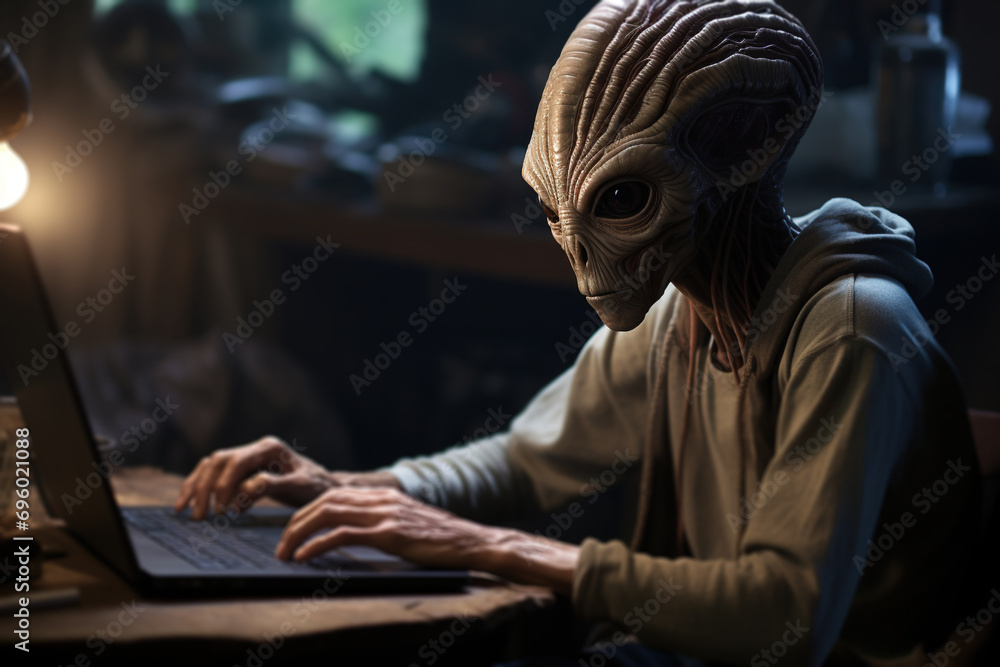 Alien hacker using laptop while sitting in dark room, science fiction