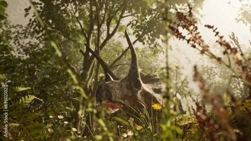 Triceratops Dinosaur Sniffing And Roaring In A Lush Forest