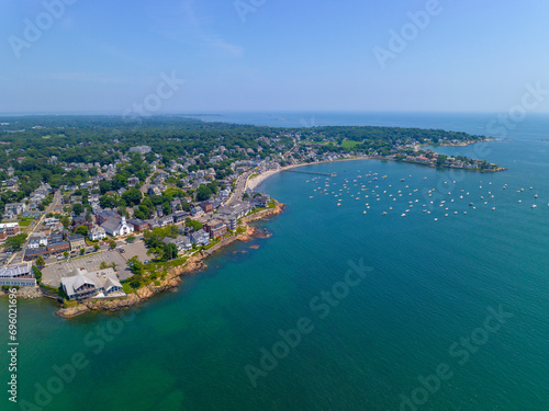 Black Wills Cliff and Anthony's Pier 4 Cafe aerial view between King's Beach and Fisherman's Beach in town of Swampscott, Massachusetts MA, USA. 