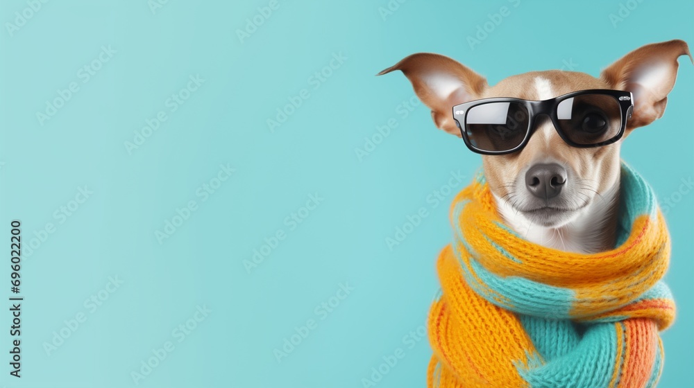dog wearing scarf and sunglasses on light blue background with empty space