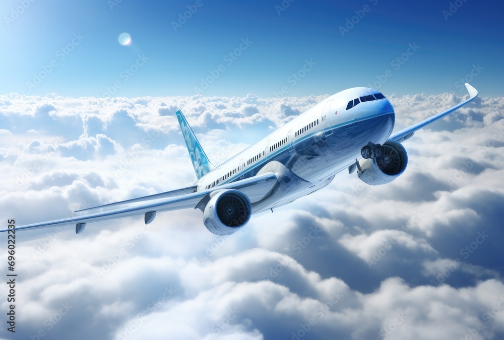 a large passenger jet is flying through the clouds a large passenger jet is flying through the clouds