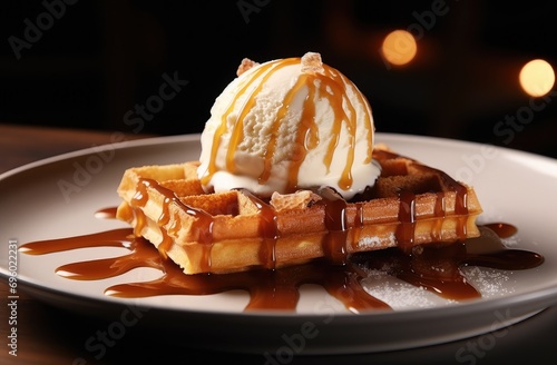 a dish of tshaped waffles with caramel and vanilla ice cream photo