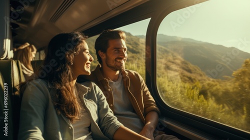 couple admiring magnificent scenery while enjoying a romantic train journey.