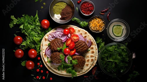 A top-down view of the ingredients involved in making an arab kebab sandwich.