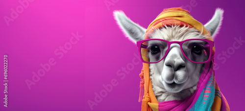 a cartoon lama wearing sunglasses and a scarf photo