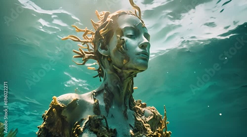 statue with coral reef under water photo
