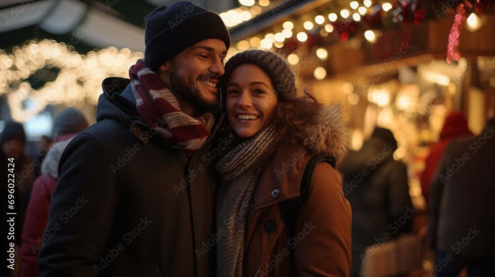 Couple embracing the festive spirit while exploring a vibrant Christmas market.